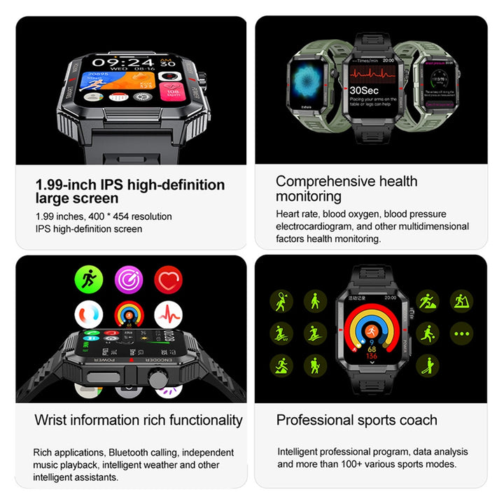 Premium GPS-Fitness-Tracker-Smartwatch mit 1,99 Zoll HD-Bildschirm, Herzfrequenz-, Blutdruck-, EKG- und Blutsauerstoffüberwachung – Bluetooth-Anruf, NFC, über 100 Trainingsmodi, wasserdicht
