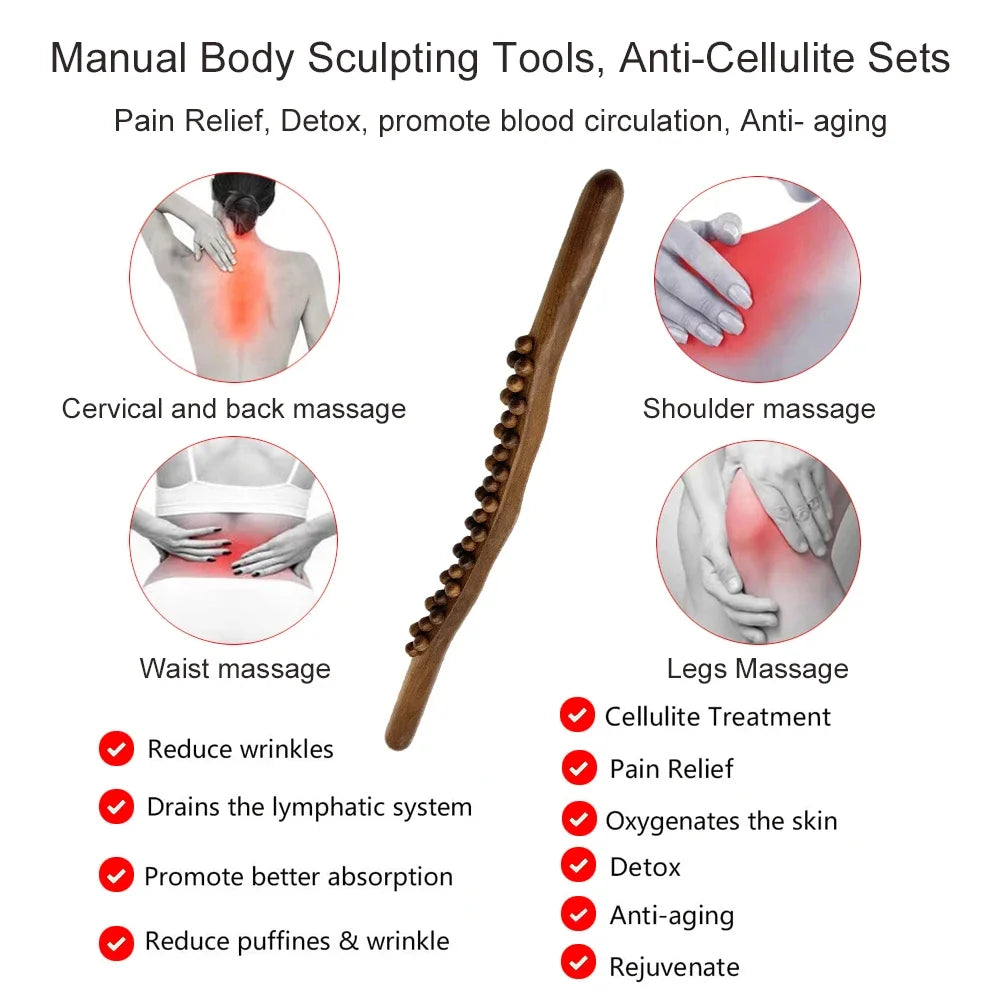 Premium 8 Beads Gua Sha Massage Stick - Carbonized Wood Meridian Scraping Therapy Wand for Muscle Relaxation and Acupuncture