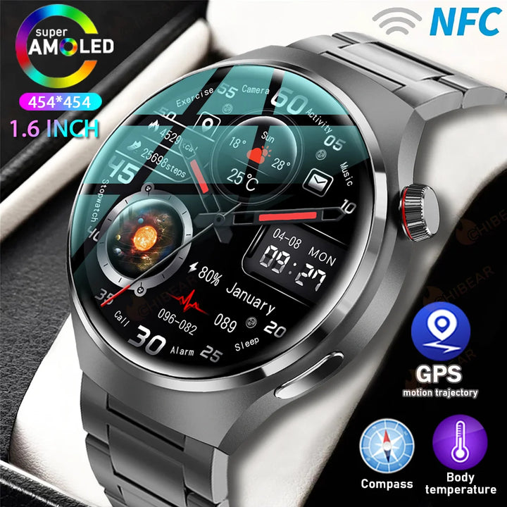Premium GPS-Smartwatch für Männer und Frauen | 360° AMOLED-Display, NFC, Bluetooth-Anruf, IP68 wasserdicht, Herzfrequenzmonitor, Fitness-Tracker, Schlafüberwachung, Mehrsportmodi
