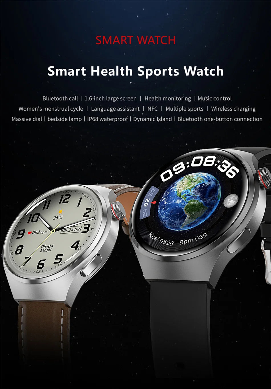 Premium GPS-Smartwatch für Männer und Frauen | 360° AMOLED-Display, NFC, Bluetooth-Anruf, IP68 wasserdicht, Herzfrequenzmonitor, Fitness-Tracker, Schlafüberwachung, Mehrsportmodi