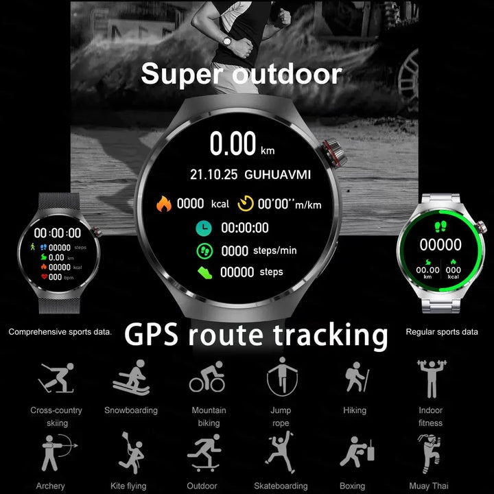 Premium GPS-Smartwatch für Männer und Frauen | 360° AMOLED-Display, NFC, Bluetooth-Anruf, IP68 wasserdicht, Herzfrequenzmonitor, Fitness-Tracker, Schlafüberwachung, Mehrsportmodi
