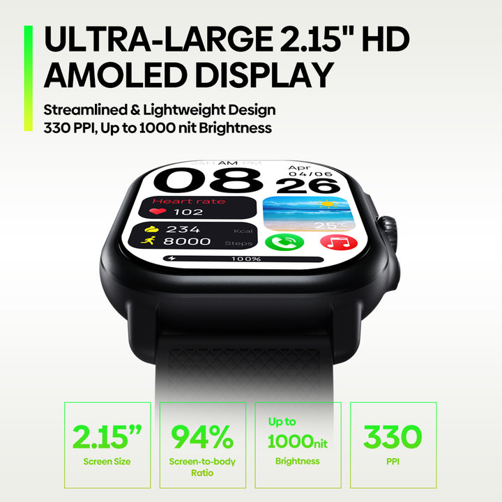 Premium GPS Smartwatch with 2.15" AMOLED Display, Phone Calls, Built-in GPS, 100+ Sports Modes, Heart Rate & SpO2 Monitor, 
