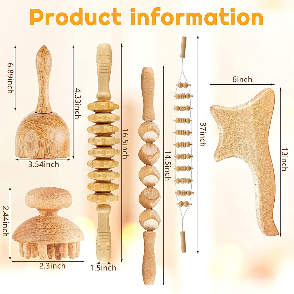Premium 6-in-1 Wood Therapy Massage Tool Set for Lymphatic Drainage, Anti-Cellulite Fascia Massage Roller, Muscle Relaxation