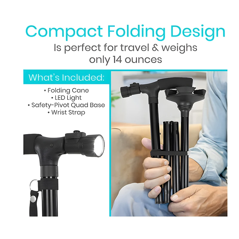 Premium Collapsible Telescopic Cane with LED Light & Alarm – Adjustable Elder Walking Stick with 4-Feet Base for Stability, 