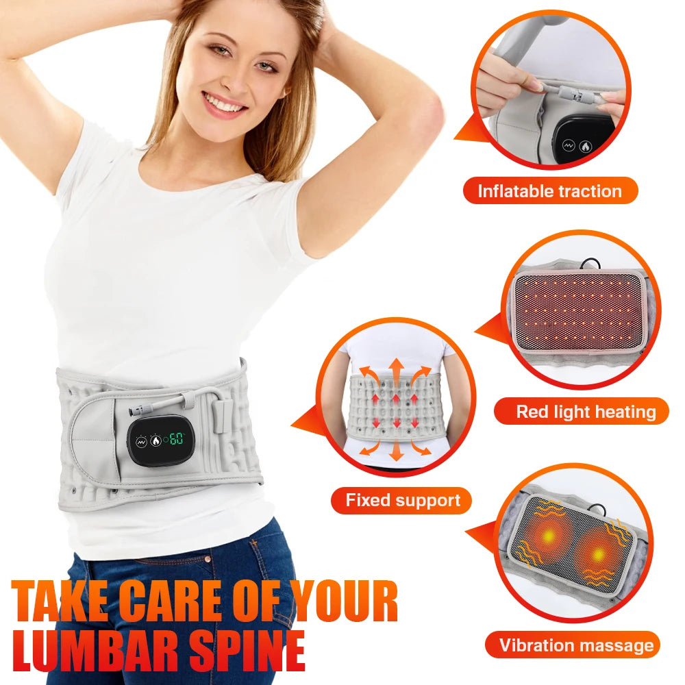 Premium Inflatable Back Support Belt with Heating & Vibration Massage – Pain Relief, Lumbar Traction, Red Light Therapy,